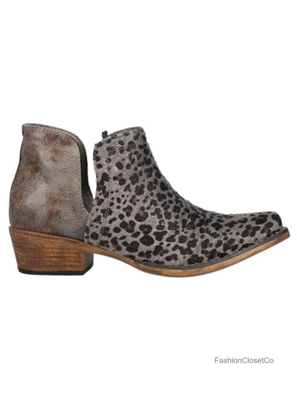 Faux Hair-On-Hide Leather Leopard Snip Toe Ankle Boots Low Heel